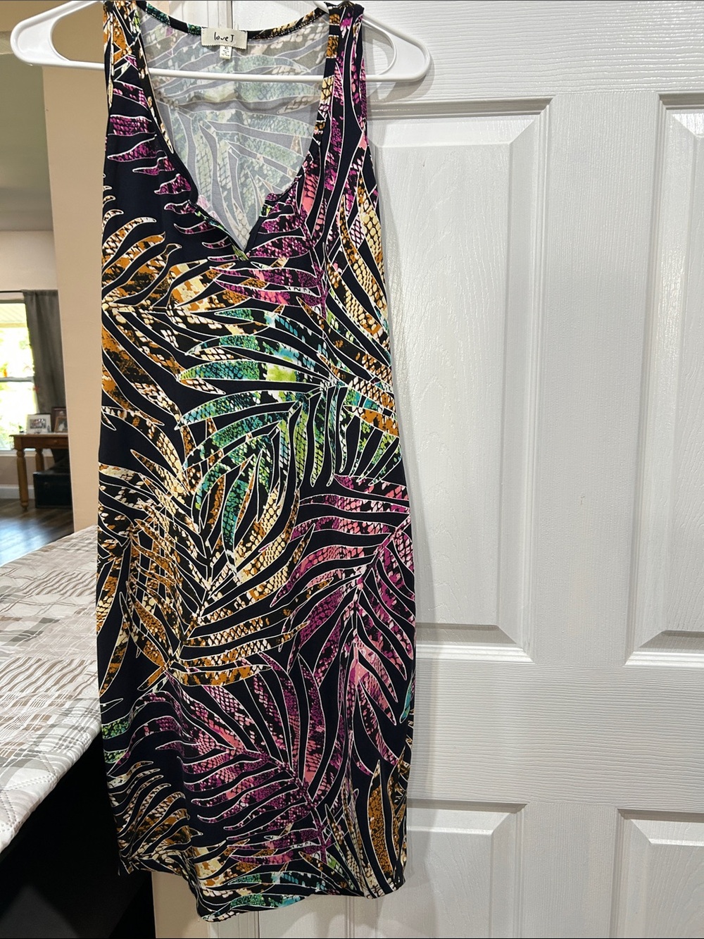 love J Black Tropical Leaf Swim Cover-Up Dress with Pink, Green & Gold Accents
